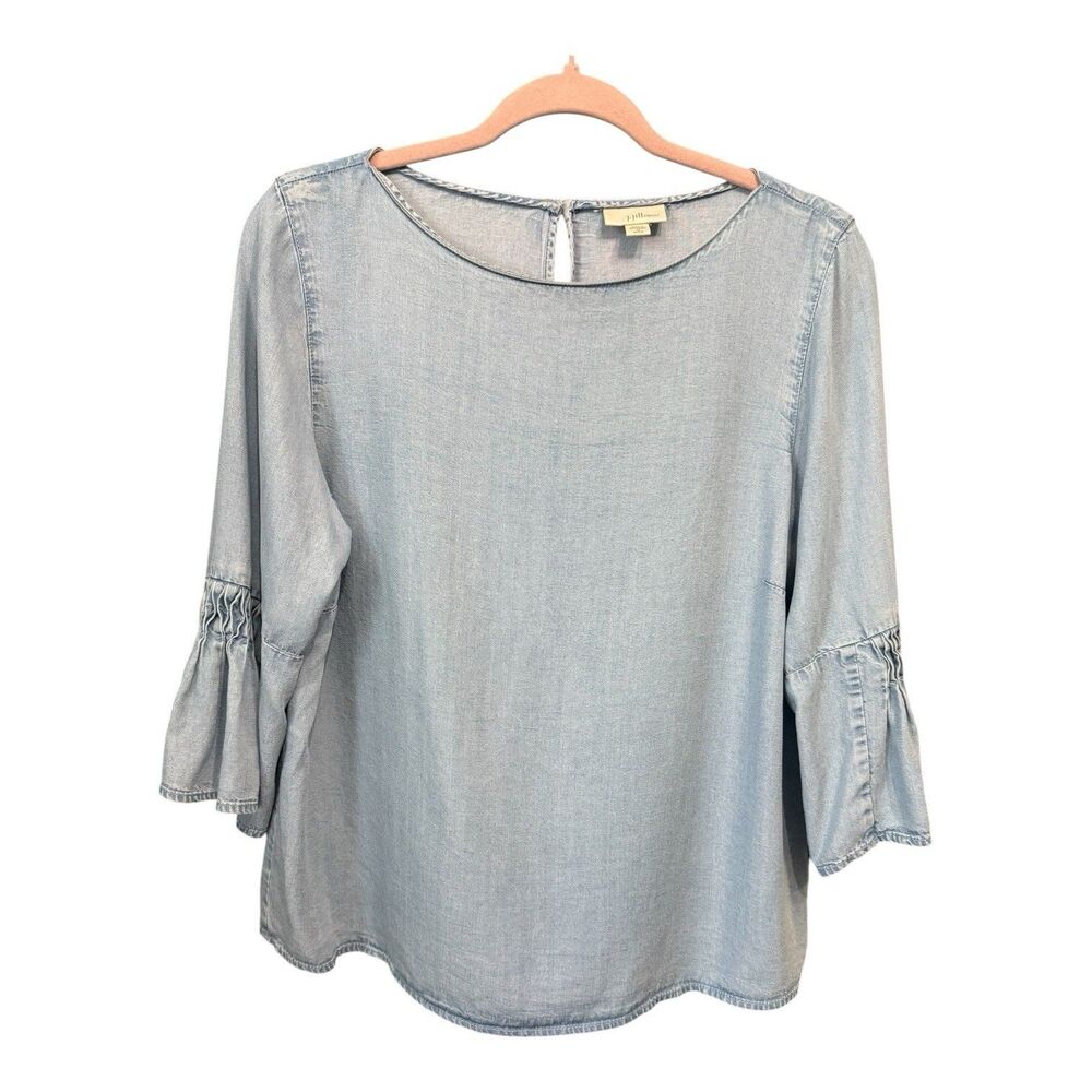 J. Jill Denim Women Light Blue Lyocell Chambray Short Bell Sleeve Blouse Size PM - Picture 2 of 5